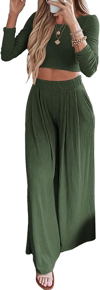 BTFBM Women's Two Piece Lounge Set Long Sleeve Bodycon Ribbed Knit Crop Top Loose Wide Leg Pant C... | Amazon (US)