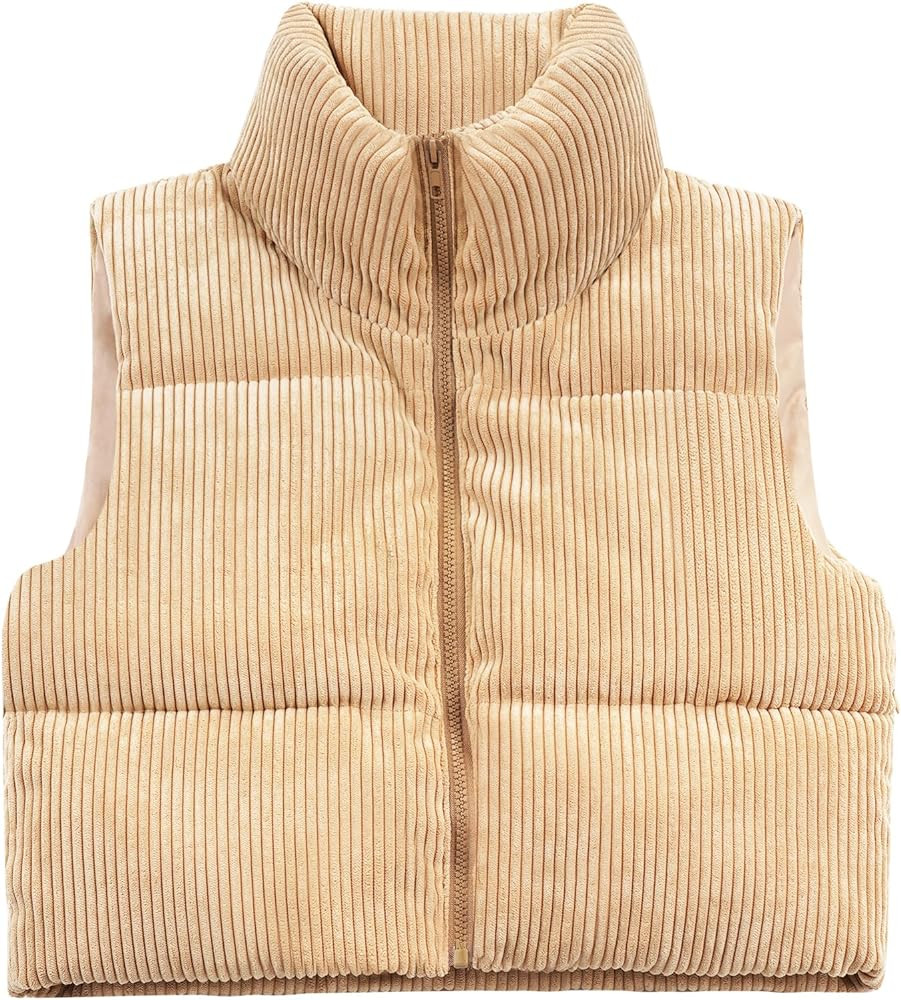 WUEAOA Women's Cropped Puffer Vest Winter Sleeveless Warm Outerwear Vests Lightweight Corduroy Co... | Amazon (US)