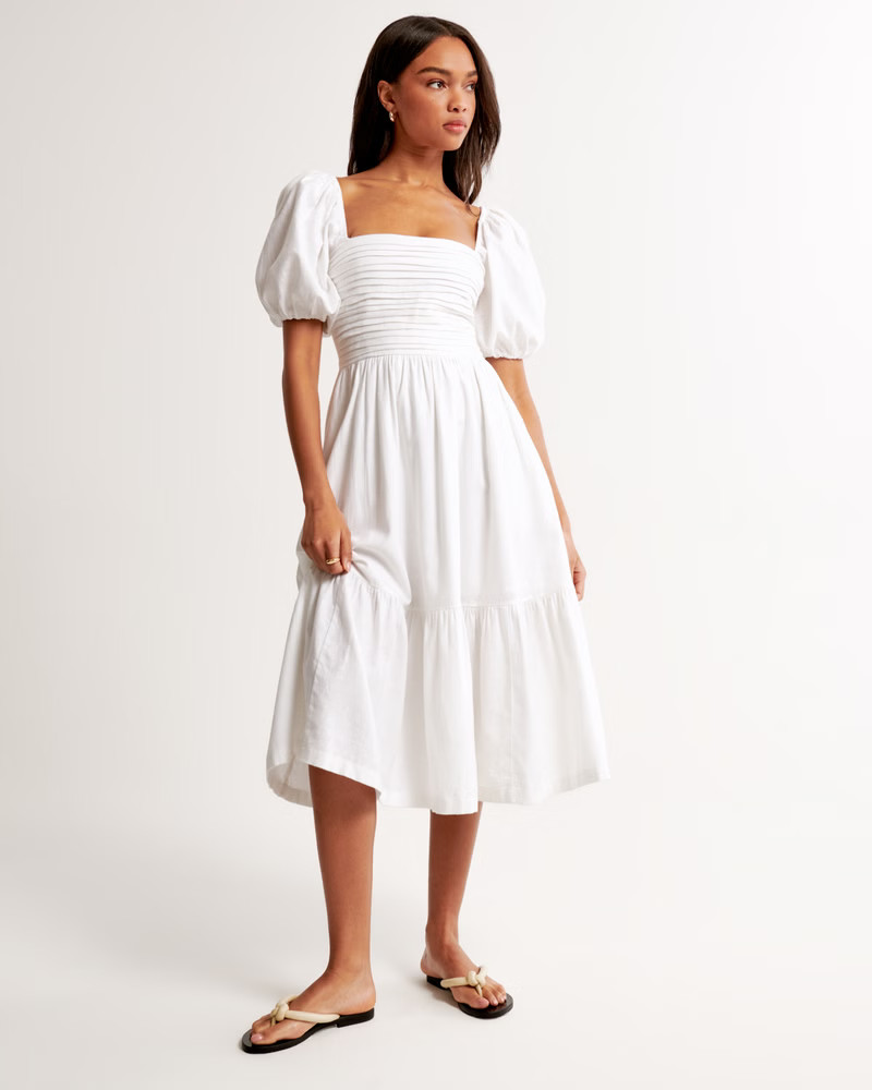 Emerson Linen-Blend Puff Sleeve Midi Dress | Abercrombie & Fitch (US)