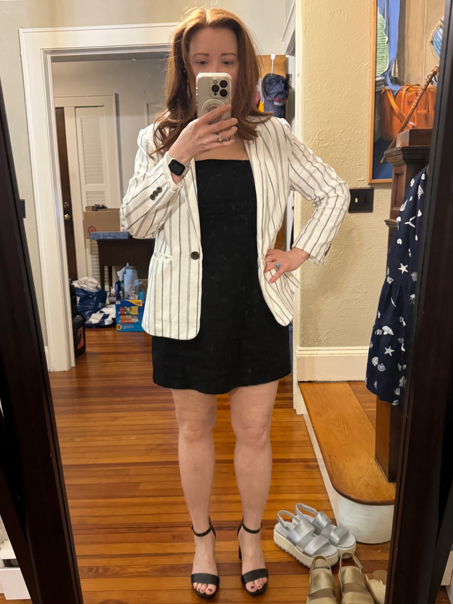 Linen summer shift dress is one of many great basic Suit separates for work from Old Navy that come in petites!  I  wore it with the petite medium cream and black striped blazer. the dress is a petite medium and fits like a glove.  Platform leather heeled sandals are from Naturalizer in size 6.5.  Everything is true to size. 

#LTKSummerEdit #LTKPetite #LTKFindsUnder50