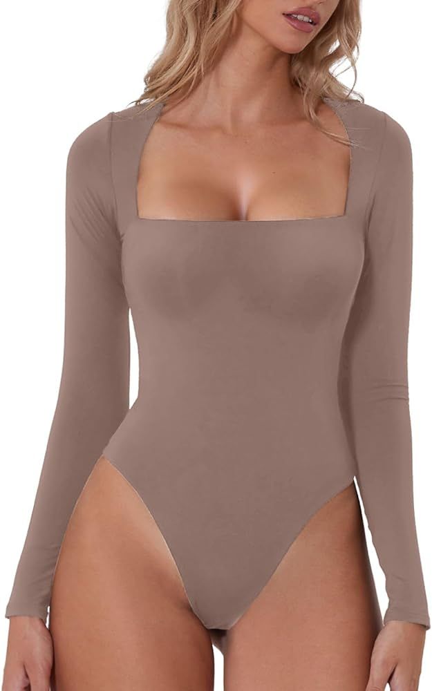 Women's Sexy Square Neck Bodysuit Long Sleeve Double Lined Shirt Tops | Amazon (US)