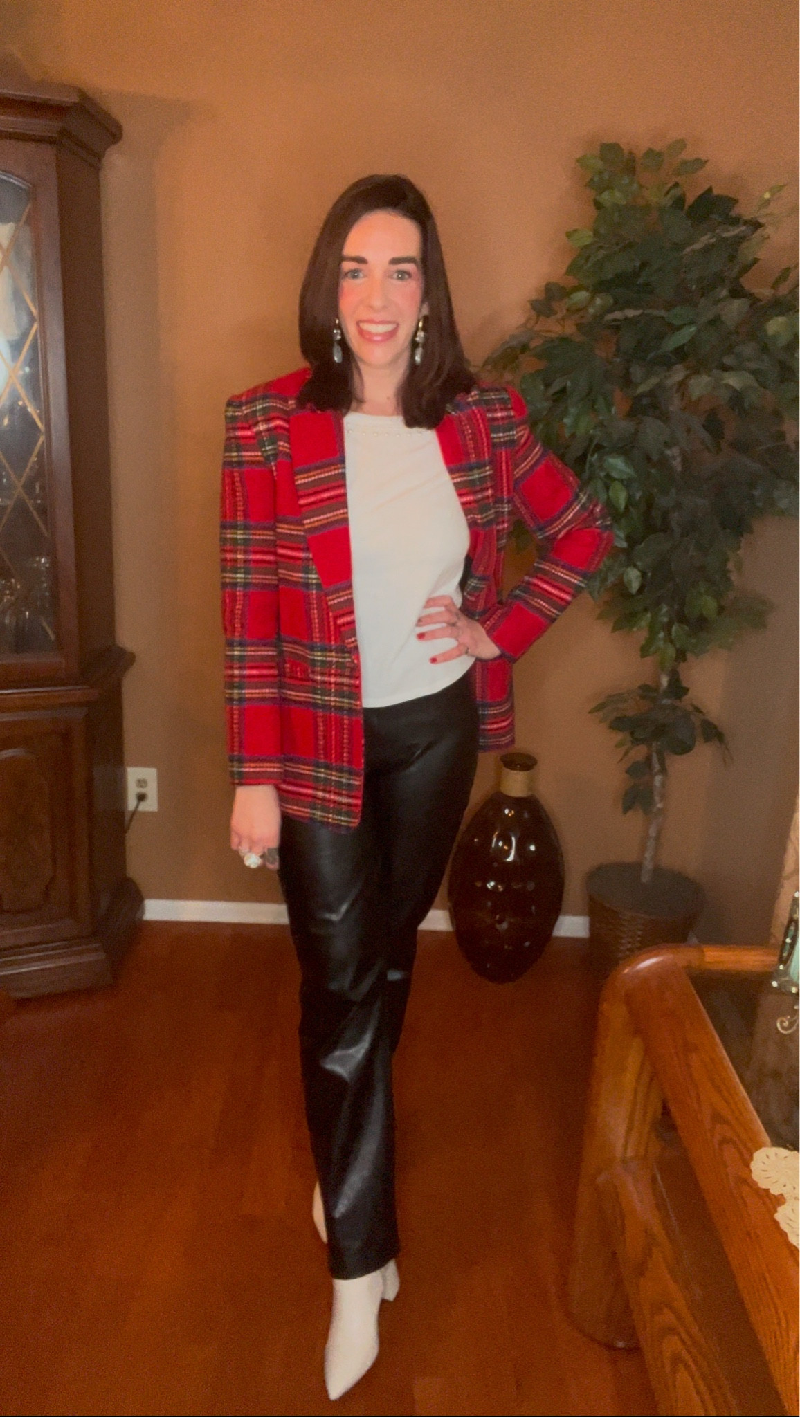Red plaid blazer (small). White embellished Tshirt (small). Black vegan leather pants (27). White boots (8.5). #blazer #redblazer #plaidblazer #tshirt #whitetshirt #leatherpants #blackpants #veganleatherpants #whiteboots #boots #winteroutfits 
Winter Outfits #LTKStyleTip 

#LTKFindsUnder100 #LTKSeasonal