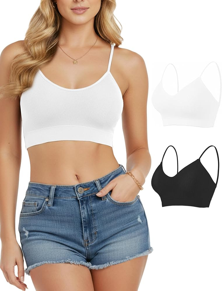 2PCS Women's V-Neck Padded Seamless Straps Bralette, Everyday Basic Sleeping Bra, Sports Bras for... | Amazon (US)