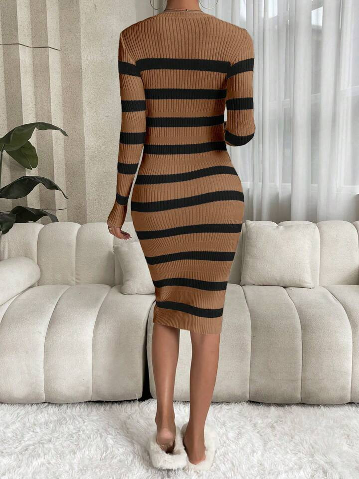 Xyvia Striped Pattern Bodycon Sweater Dress Fall Winter Cloth For Women | SHEIN