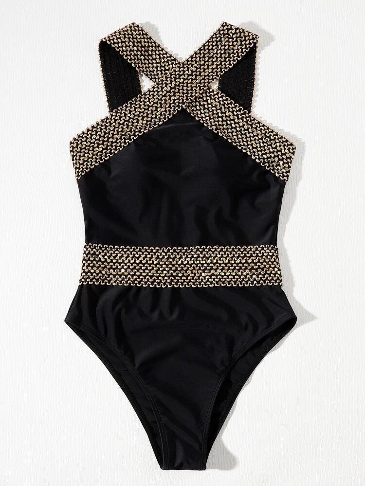 Contrast Binding Criss Cross One Piece Swimsuit | SHEIN