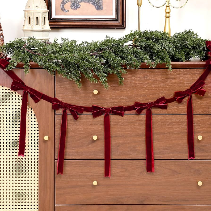 Giegxin 2 Pcs Christmas Velvet Bow Garland 13.2ft, Burgundy | Amazon (US)