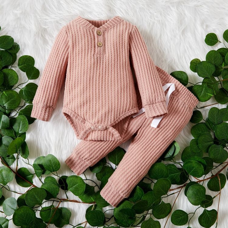 2pcs Solid Waffle Long-sleeve Baby Set | PatPat