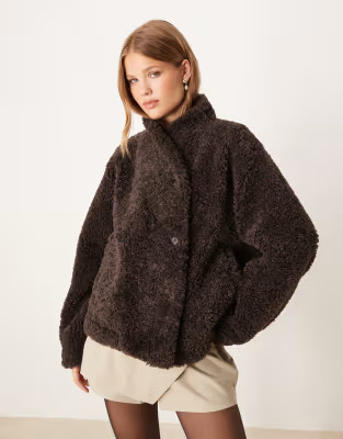 Gina Tricot short borg pile jacket in dark mole brown | ASOS (Global)