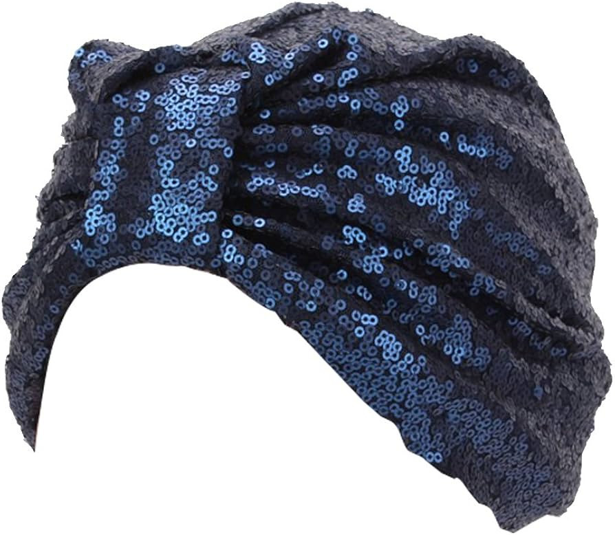 Decou Sparkly Sequin Twist Pleated Hair Wrap Stretch Turban S232 (Navy) | Amazon (US)