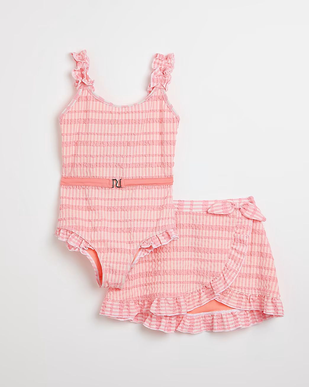 Girls pink check print swimsuit and skirt set | River Island (UK & IE)