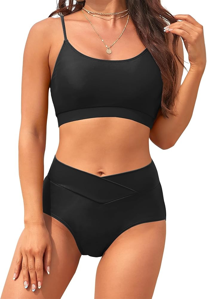 XUNYU High Waisted Bikini Sets for Women - V Cut Full Coverage Crossover Swimsuit Two Piece Modes... | Amazon (US)