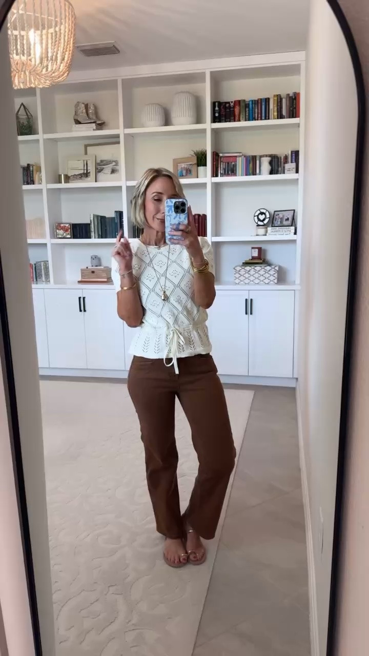 Amazon - warm fall tops * Short Sleeve Crochet Tie Front Peplum Sweater - size XS. 7 colors. * Brown Straight Leg Jeans - size 4. 9 colors.

#LTKSeasonal #LTKOver40 #LTKWorkwear