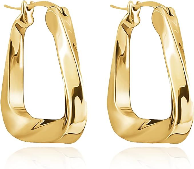 Gold Hoop Earrings for Women，18K Gold Plated Sterling Silver Thick Hoop Earrings Fashion Chunky... | Amazon (US)