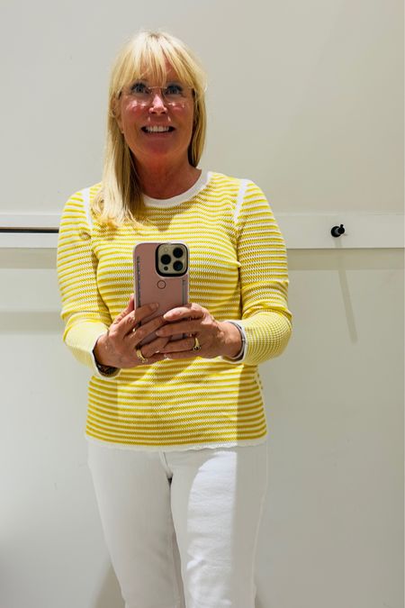 Nothing says warmer weather is on the way like this dummy yellow, lightweight sweater and white jeans.  Spring Outfit, Summer Outfit, Vacation Outfit 

#LTKtravel #LTKover40 #LTKstyletip