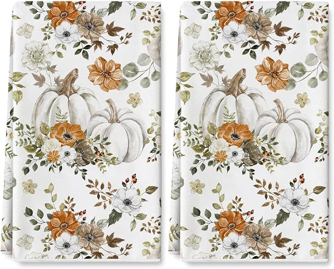 AnyDesign Fall Kitchen Dish Towel 18 x 28 Inch Watercolor White Pumpkins Leaves Dishcloth Autumn ... | Amazon (US)