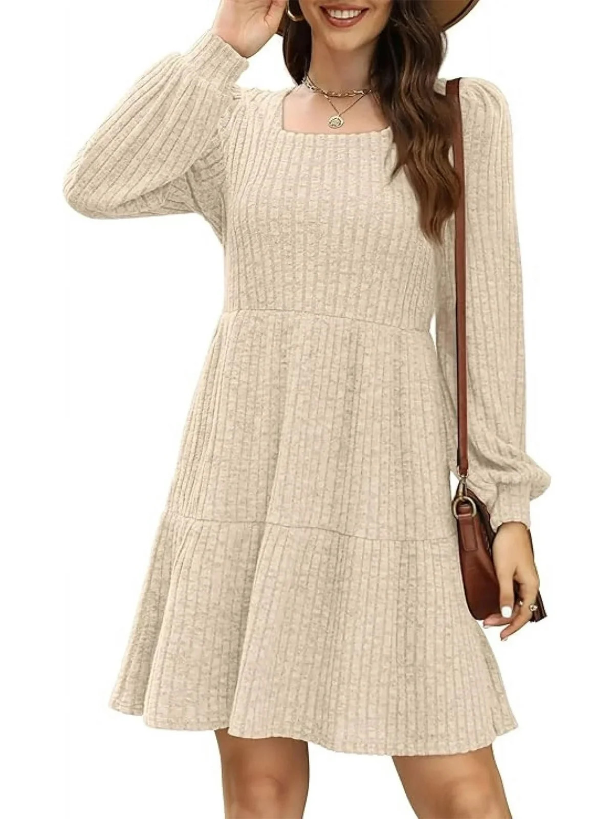 QINCAO Womens Long Sleeve Sweater Dresses Square Neck Babydoll Fall Dress With Pockets S-2XL | Walmart (US)