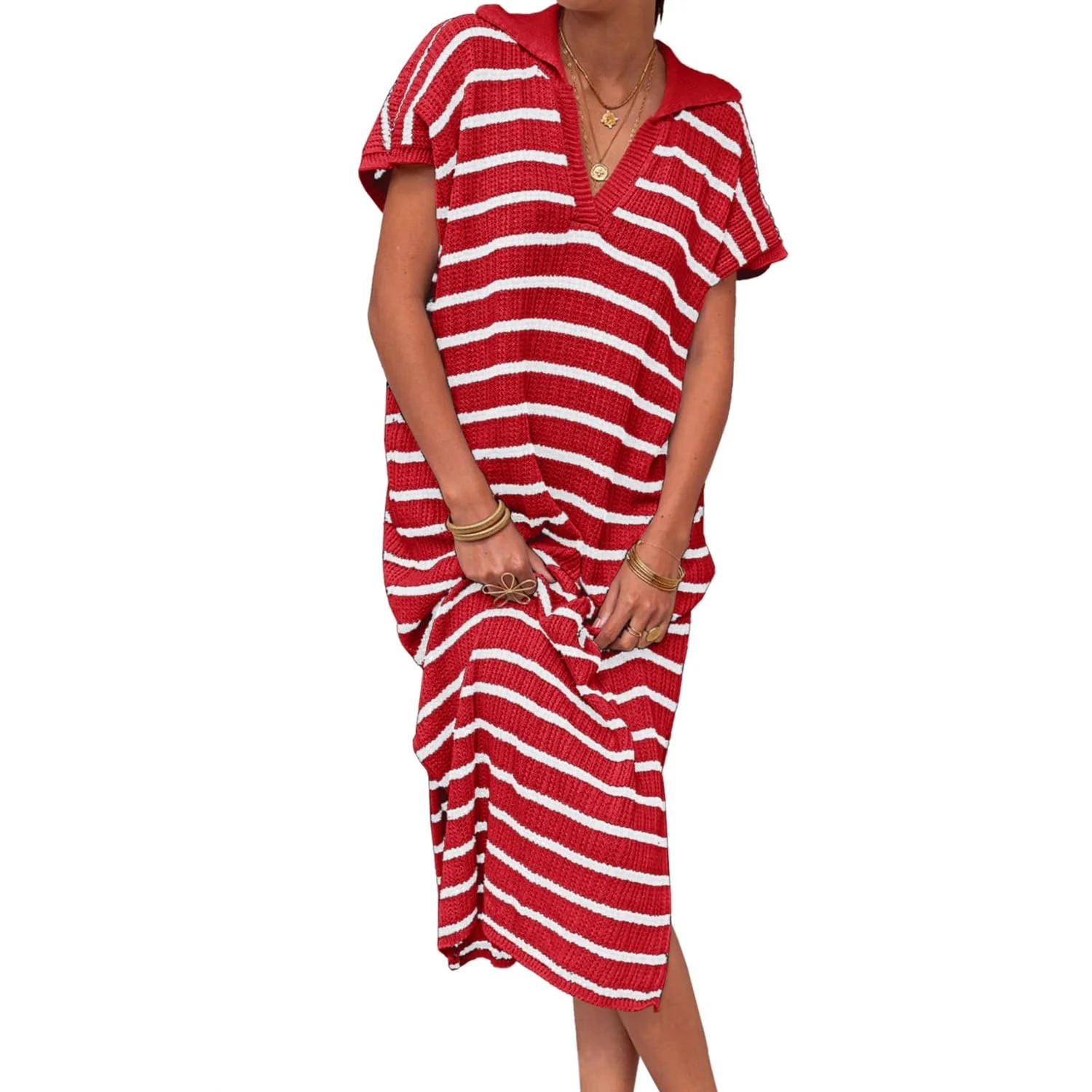 Short Sleeved Women V-neck Casual Loose Knit Dress Lapel Striped Print Straight Knee Sweater Dres... | Walmart (US)