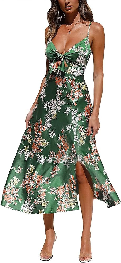 Fashionme Women Spaghetti Strap Midi Satin Dresses Tie Front Backless Split Hollow Dress | Amazon (US)