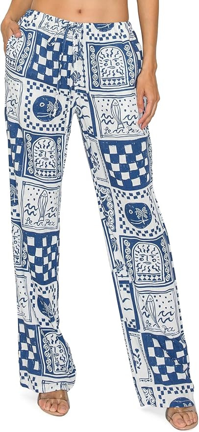 Cali1850 Women's Printed Linen Pants - 30" Inseam Drawstring Elastic Waist Casual Pull On Beach L... | Amazon (US)