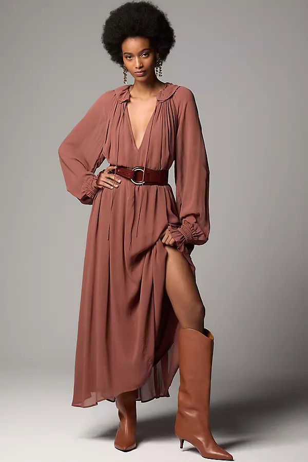 Long-Sleeve Sheer Pleated Midi Dress | Anthropologie (US)