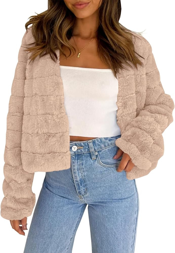 Fisoew Womens Cropped Faux Fur Jackets Long Sleeve Open Front Fluffy Short Coats | Amazon (US)