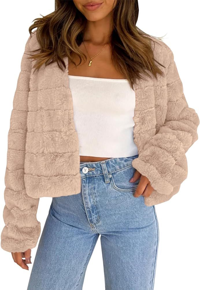 Fisoew Womens Cropped Faux Fur Jackets Long Sleeve Open Front Fluffy Short Coats | Amazon (US)