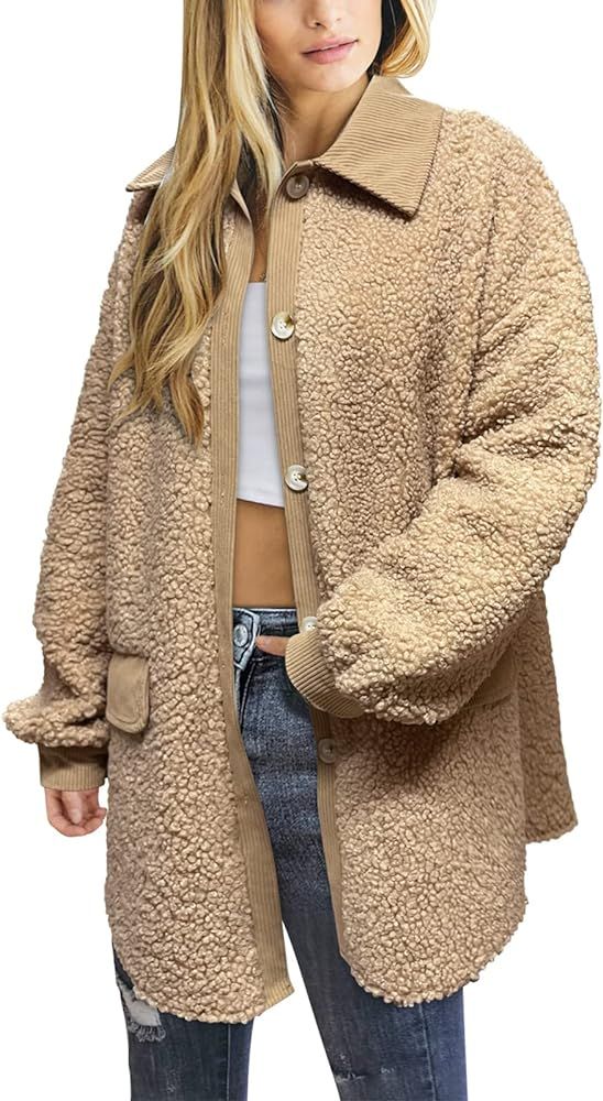 uoDim Womens Plaid Shacket Jacket Long Sleeve Button Down Fuzzy Teddy Jacket Coat Fall Winter Outerw | Amazon (US)