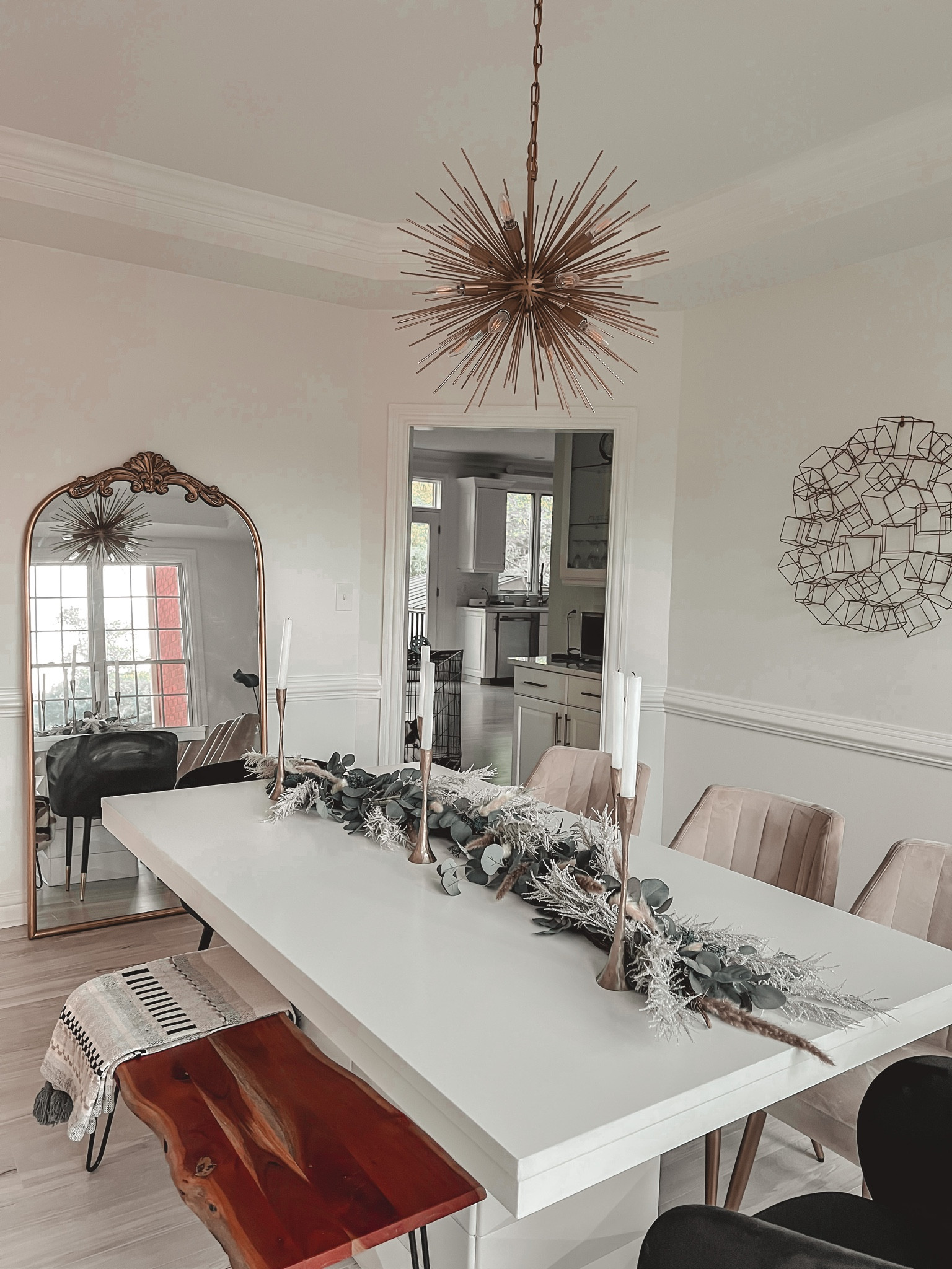 Refreshing my dining room set up adding an antique gold wall leaning mirror. Using velvet and gold dining chairs, white dining table and wooden bench. Tagging also the gold chandelier. My mirror is the infamous SAMS dupe, unable to tag, tagging similar originals  

#LTKFind #LTKhome