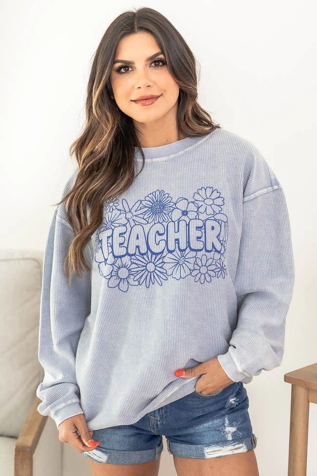 Teacher Floral Faded Denim Corded Graphic Sweatshirt | Pink Lily