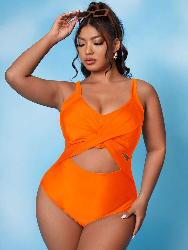 Plus Crossover Cut Out One Piece Swimsuit | SHEIN