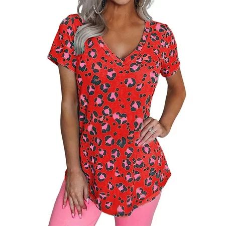 Wrcnote Women V Neck Leopard Print Tee Basic Dailywear Color Block T Shirt Baggy T-shirt | Walmart (US)