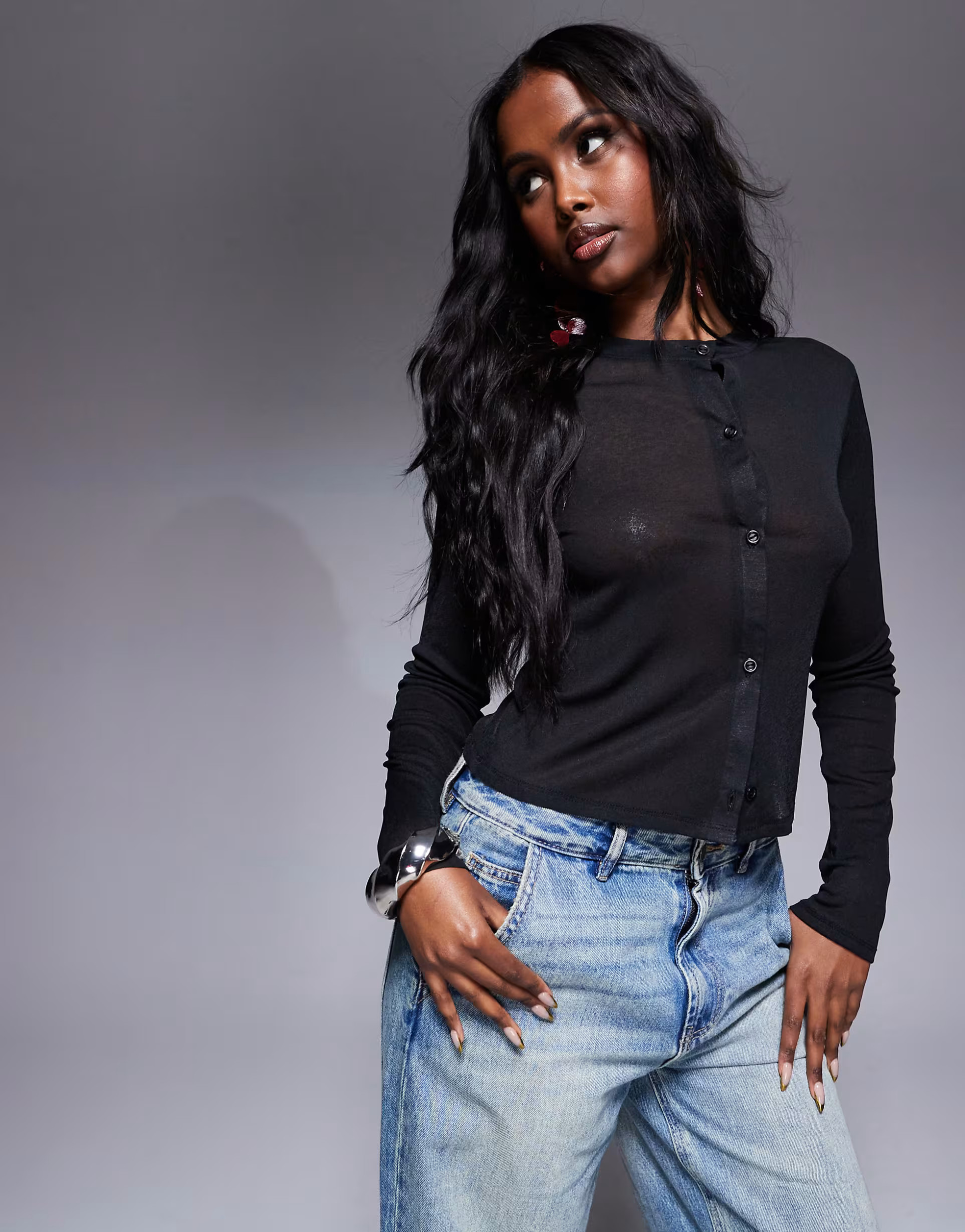 ASOS DESIGN mesh button through cardigan in black | ASOS (Global)