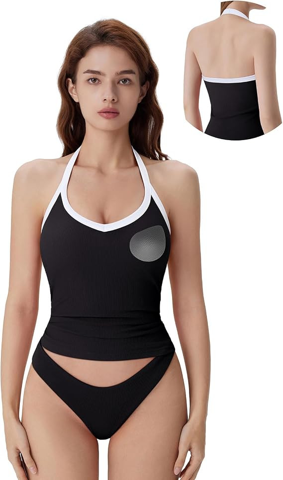 SUUKSESS Halter Tank Top for Women with Built in Bra Cotton Ribbed V Neck Cami | Amazon (US)