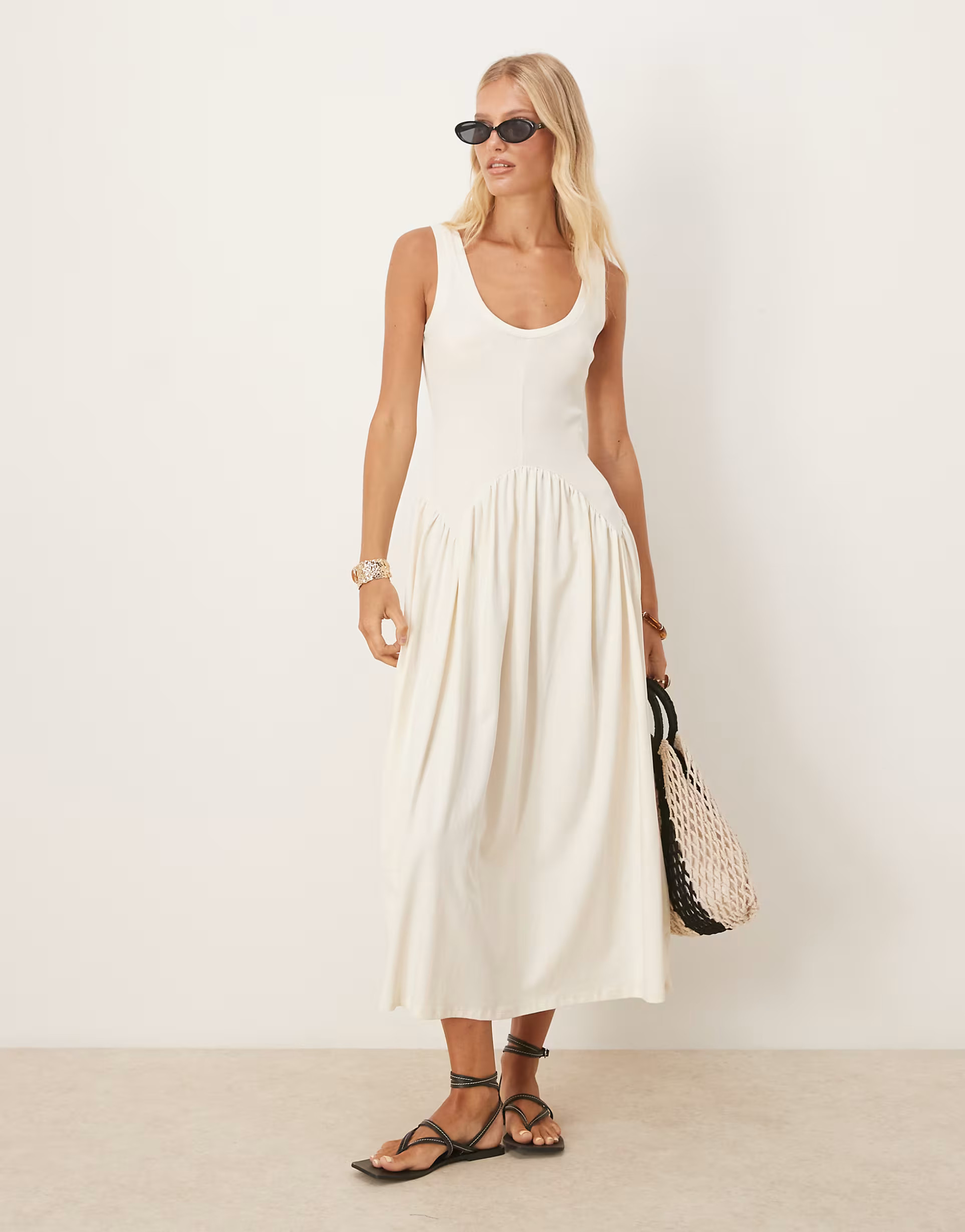 ASOS DESIGN ribbed bodice scoop with dipped waist detail midi dress in cream | ASOS | ASOS (Global)