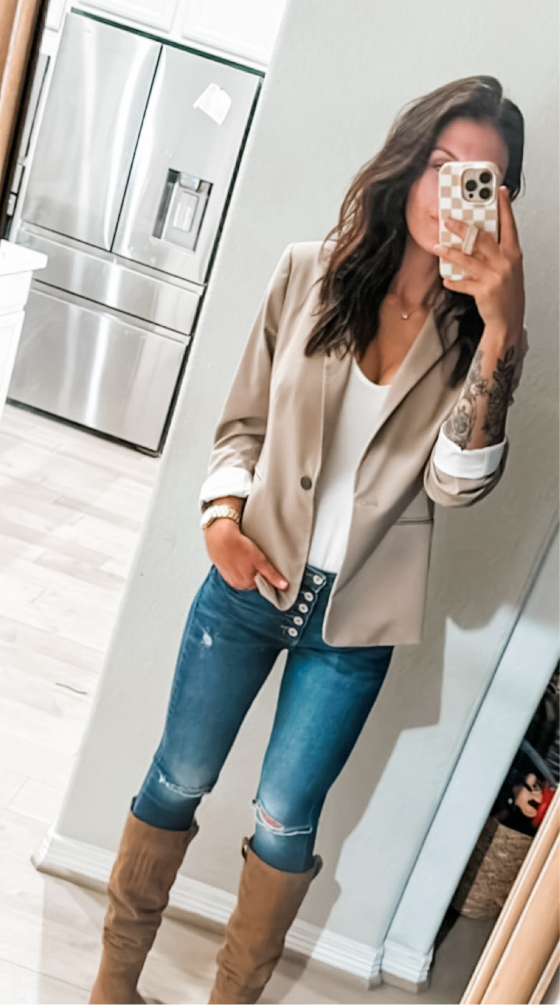 I’m a big blazer girl. It’s literally a life goal to have a collection of them 😅 and this brand of jeans is literally one of the only ones I can order and never have to worry about them fitting weird. I’m 5’7, size 25, but even going through postpartum I could squeeze in to these, they’re so stretchy and comfy for work days that turn in to chasing kids around. 

#LTKstyletip #LTKfindsunder100 #LTKworkwear