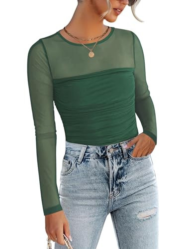 Zeagoo Sheer Long Sleeve Tops for Women Mesh Undershirt Crew Neck Going Out Lace Shirts Sexy Club Night Blouses Green | Amazon (US)