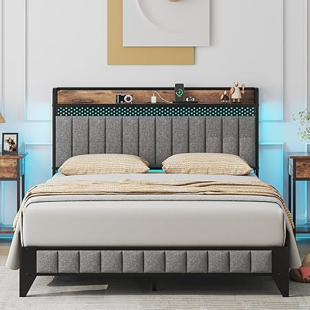 Saudism Full Size Bed Frame with Charging Station & Led Lights, Full Platform Bed Frame with Soft... | Amazon (US)