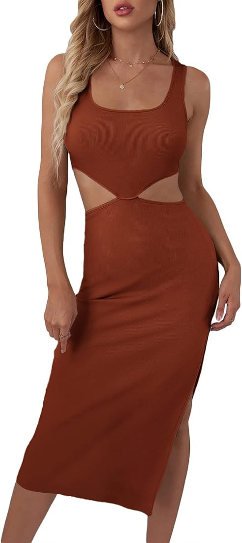 Verdusa Women's Cut Out Waist Split Side Square Neck Midi Bodycon Tank Dress | Amazon (US)
