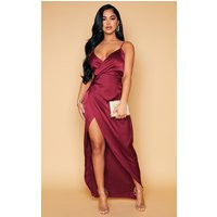 Petite Burgundy Satin Wrap Detail Maxi Dress | PrettyLittleThing CAN