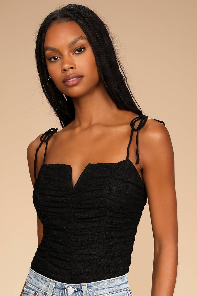 Romantic Rendezvous Black Lace Ruched Tie-Strap Bodysuit | Lulus (US)