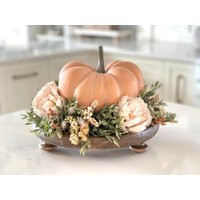 Large Fall Farmhouse Pumpkin Centerpiece, Pumpkin On A Riser, Peach/Tan, Stained Wood, Greenery With | Etsy (US)