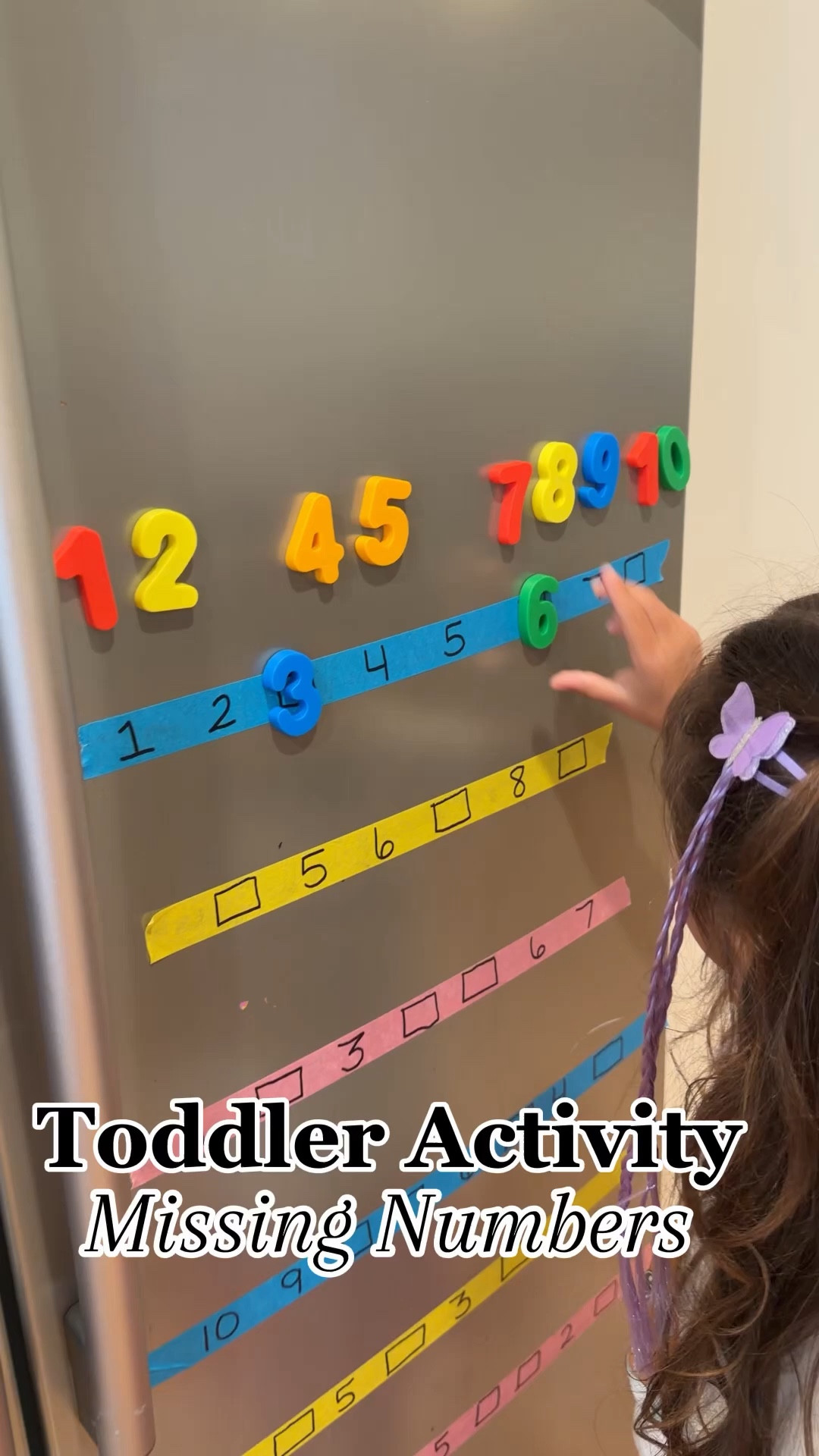 Missing Numbers Fun 🔢✨
Comment LINK for everything I used for this activity and I’ll send you a DM 💛📩

• Easy, hands-on way to practice counting forward AND backward 🔢
• We used painter’s tape on the fridge + magnetic numbers 🧲
• Fill in the missing numbers from 1–10 ✍️
• Then switch it up and count backwards from 10–1 🔄
• Great for number recognition + early math skills ✨
• Perfect low-prep, screen-free activity 🙌📚

#LTKmomlife #LTKHome #LTKKids