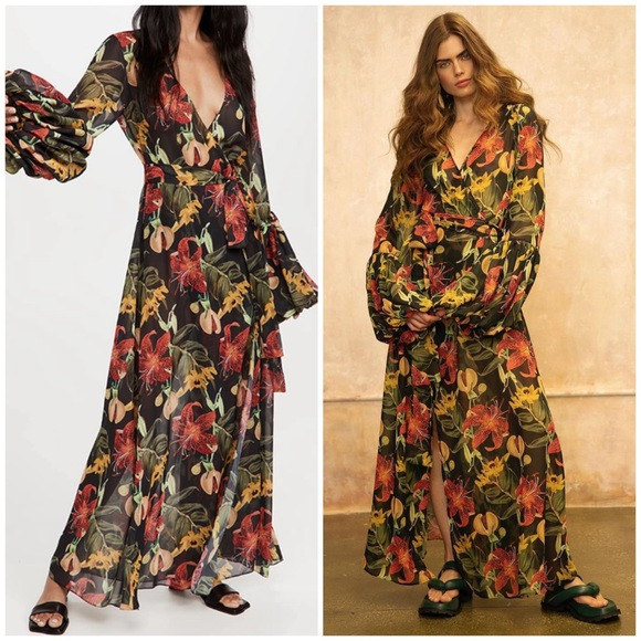 Fe Noel Isle of Spice Wrap Dress Black Botanical Size XS NWT | Poshmark