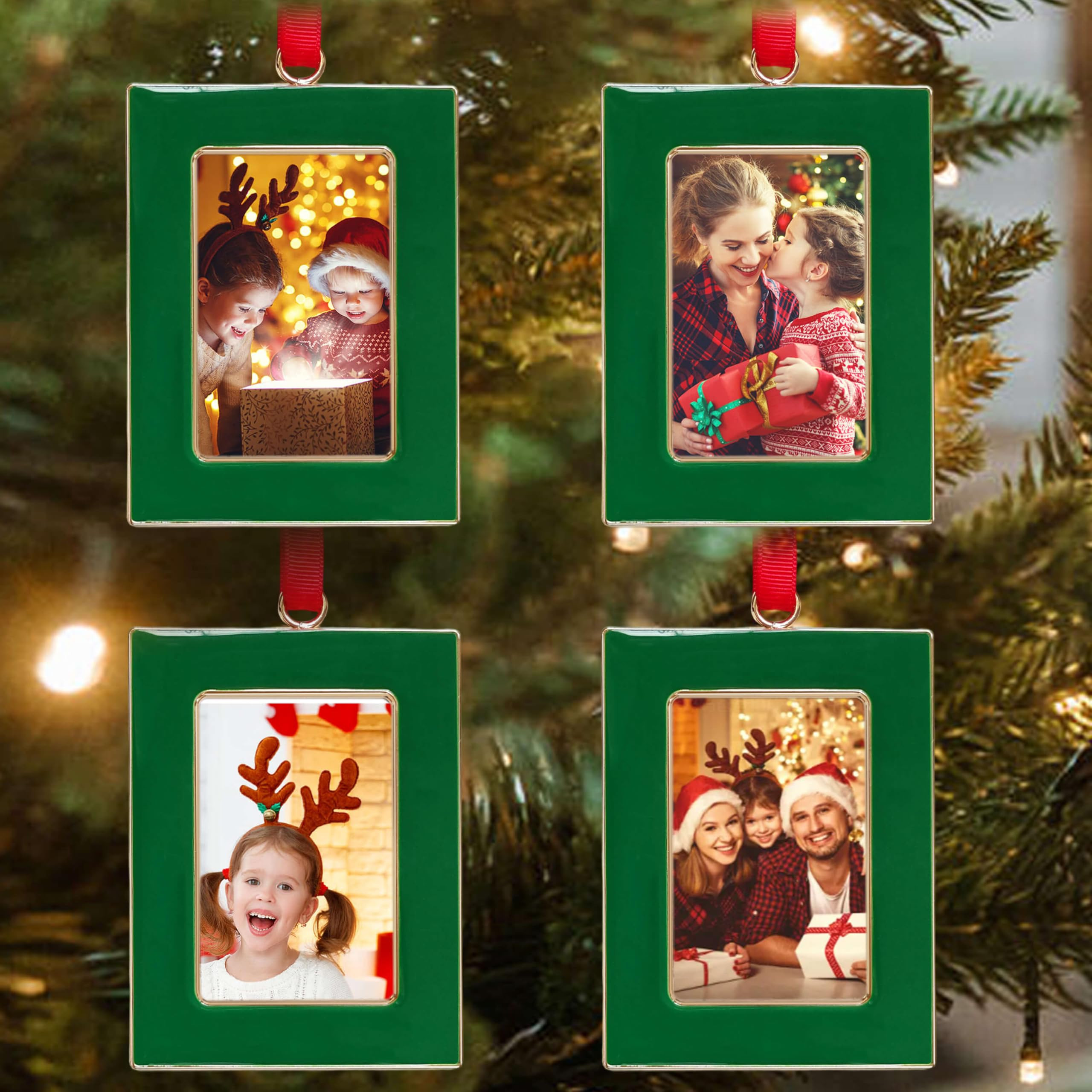 Christmas Picture Frame Ornaments - Set of 4 Green 2x3 Inch Mini Frames with Red Ribbon, Metal Ph... | Amazon (US)