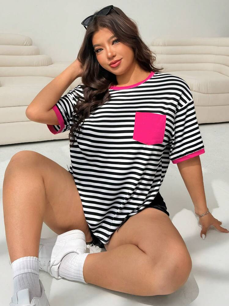 Solflare Women Plus Size Striped Patchwork Pocket Short Sleeve T-Shirt, Summer | SHEIN