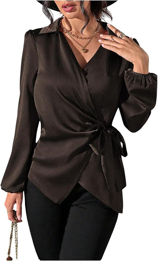 SweatyRocks Women's Wrap Satin Blouse Tie Knot Bishop Long Sleeve Elegant Business Work Shirts | Amazon (US)