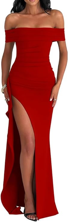 LAGSHIAN Women's Elegant Bodycon Off Shoulder Sleeveless High Split Ruched Long Formal Evening Dr... | Amazon (US)