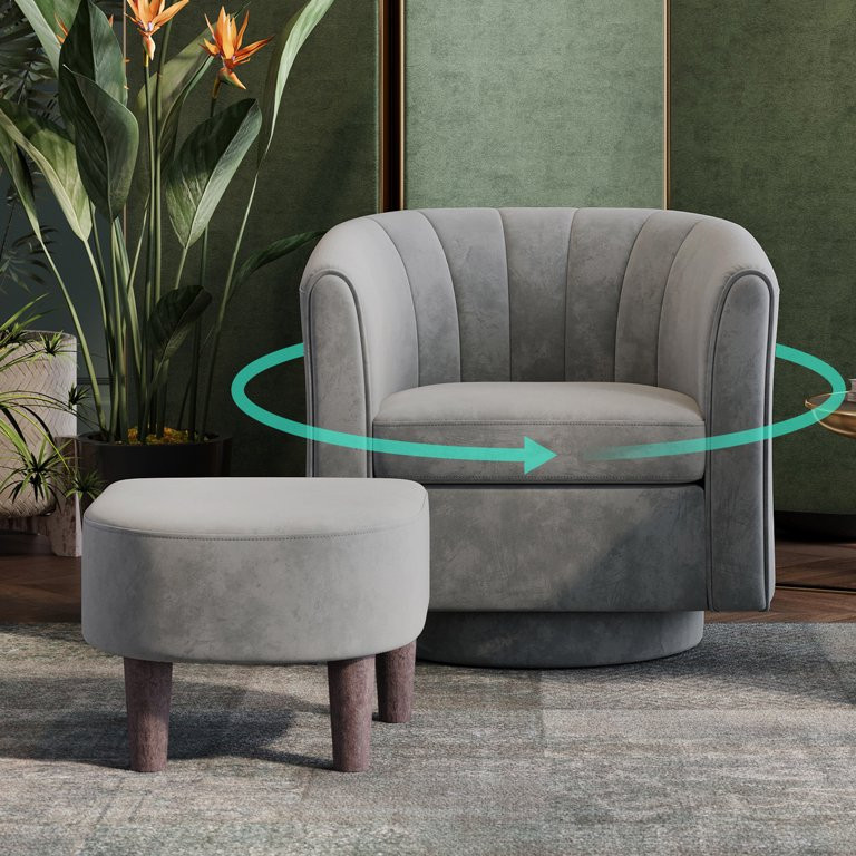 LINSY HOME Swivel Accent Chair with Ottoman, Velvet Barrel Chair for Living Room, Light Grey | Walmart (US)