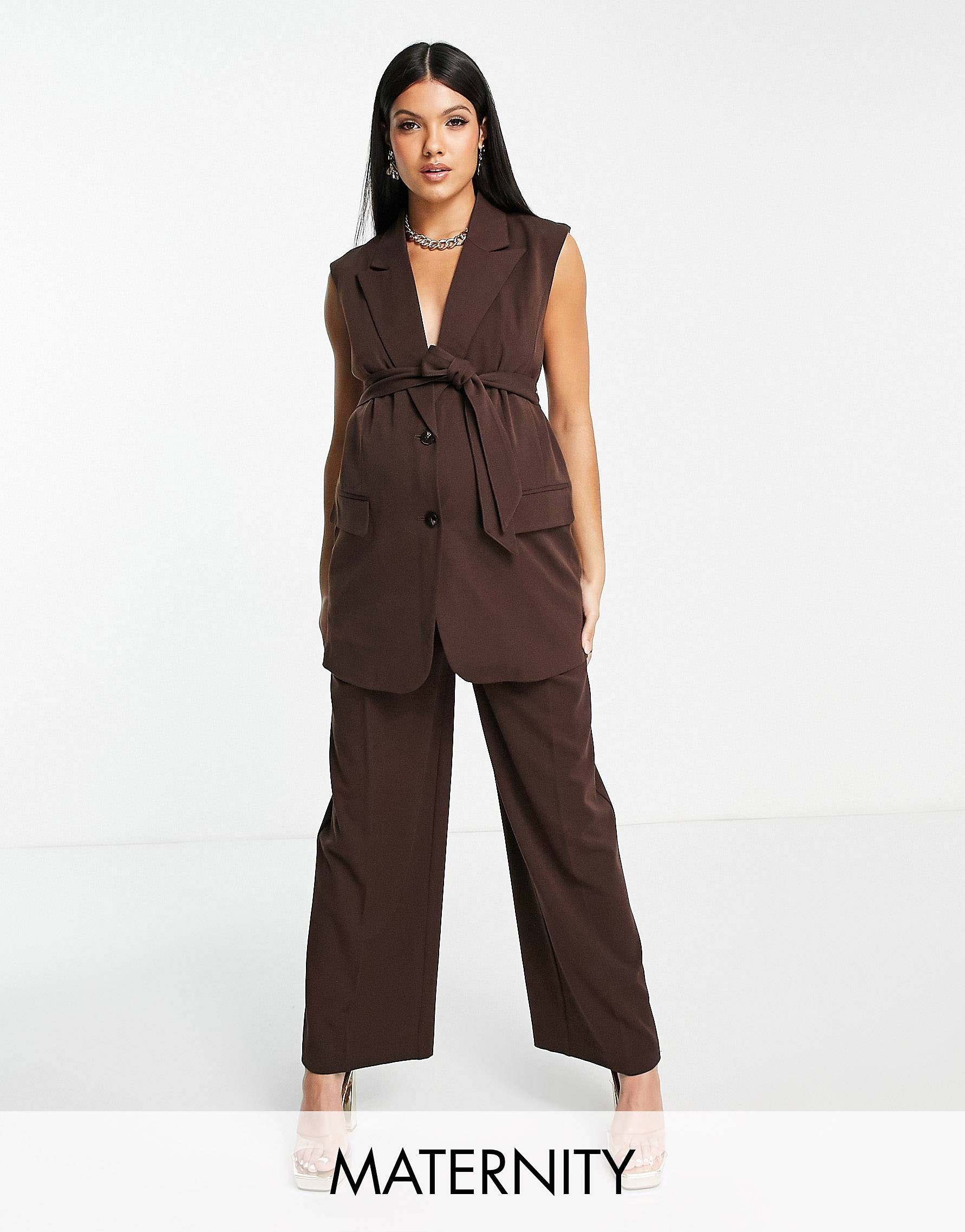 Mamalicious Maternity over the bump band tailored suit trousers co-ord in brown | ASOS (Global)