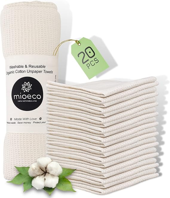 mioeco 20 Pack Reusable Paper Towels Washable - Nature Friendly Paper Towels - Organic Cotton Bam... | Amazon (US)